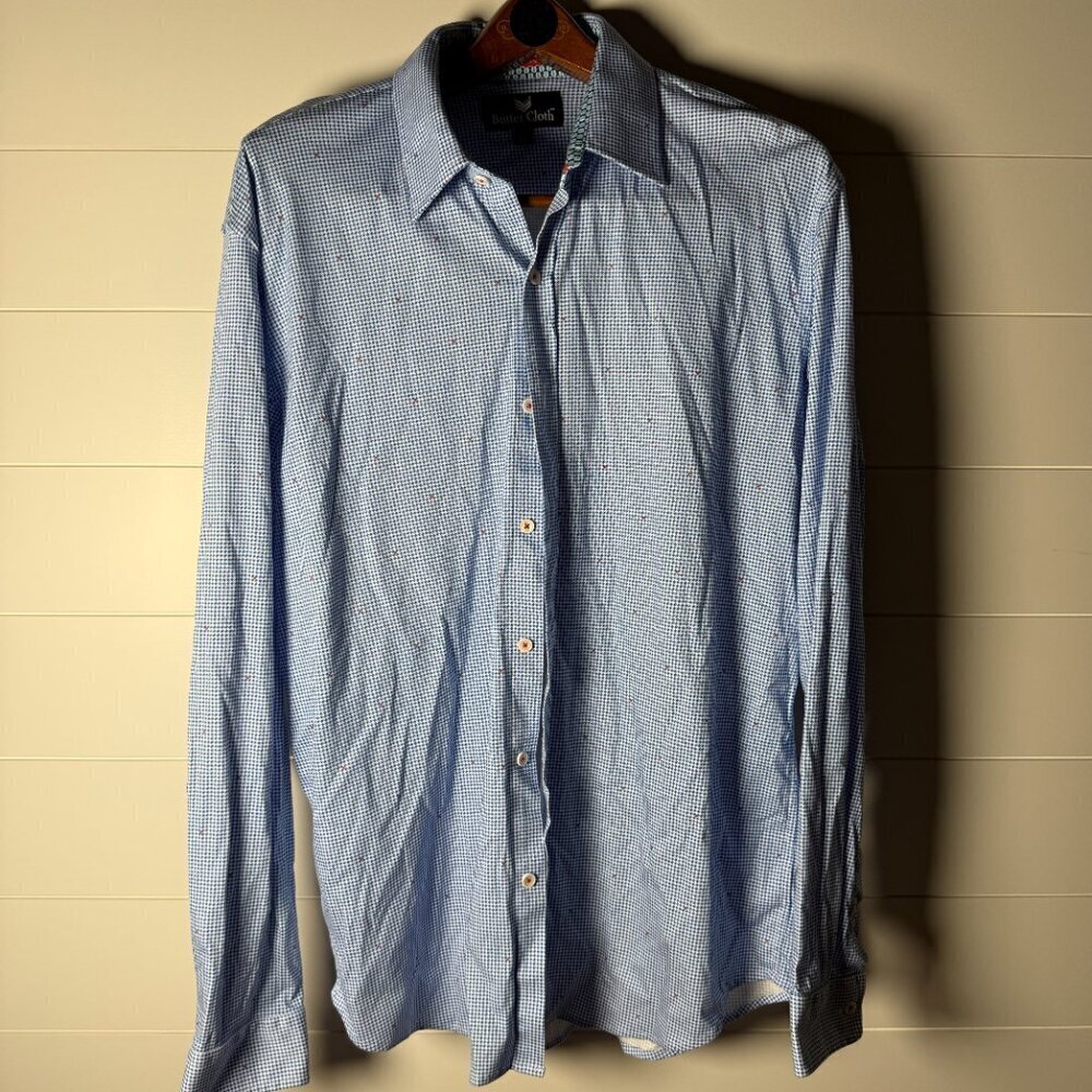 Buttercloth Shirt Mens Size XL Short Sleeve Button Down Blue & White Check